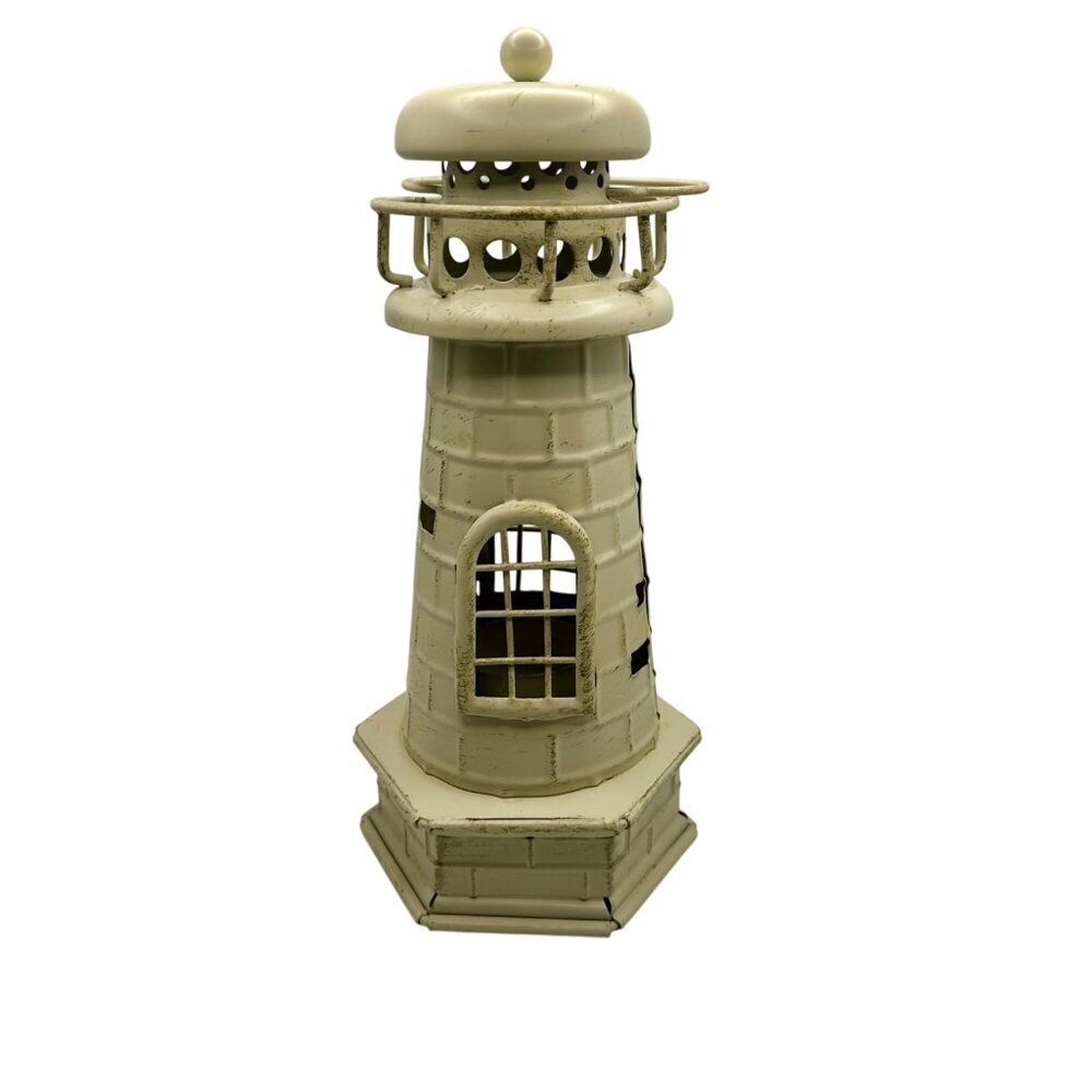 Lighthouse Candle Votive Holder Distressed Off White Metal 9.25" High Nautical
